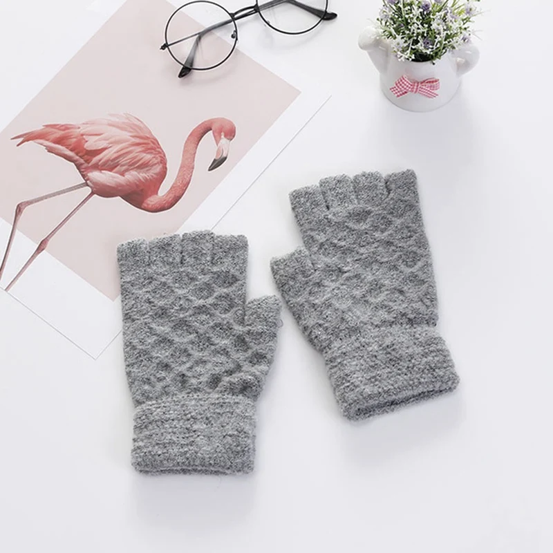 Unisex Warm Men Women Solid Winter Knitted Fingerless Stretchy Elastic Knitted Half Finger Thermal Gloves - Цвет: GY