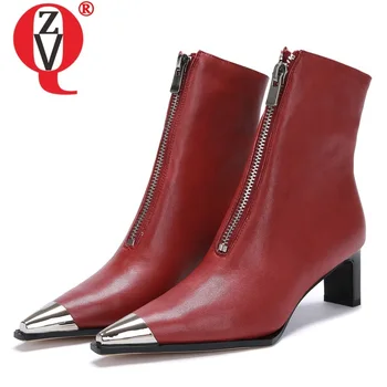 

ZVQ sexy ankle boots genuine cow leather women's shoes runk cool woman pointed toe fashion 5.5cm mid heels booties drop shipping