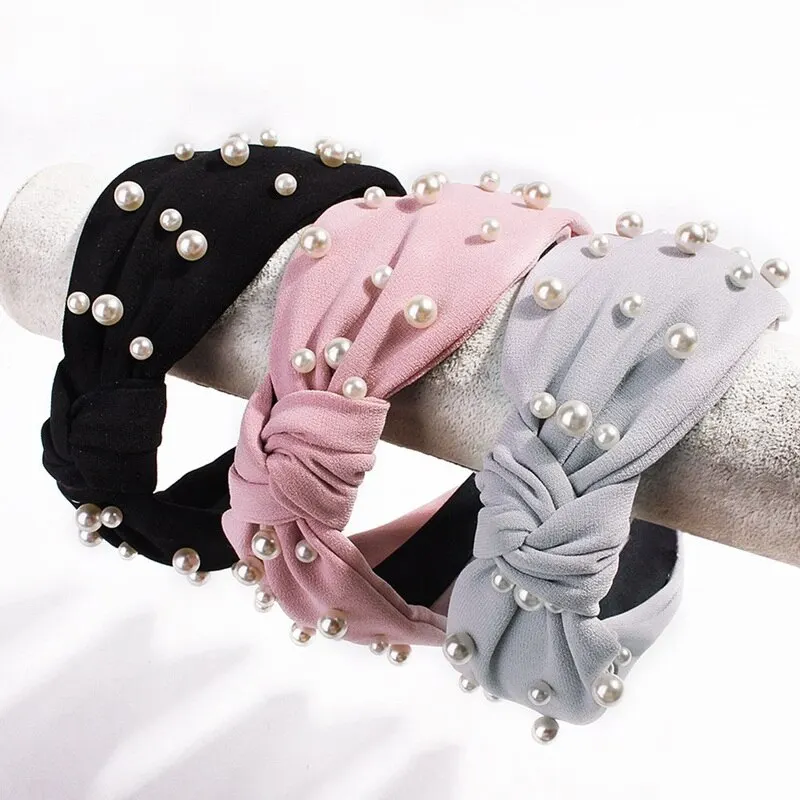 Мода ободок на голову с жемчугом для Для женщин узел Бисер однотонная ткань с повязкой на голову для девочек с повязкой на голову, аксессуары для волос для взрослых и повязка на голову