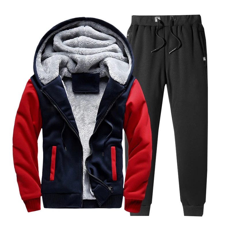 Training Sport Suit Men Winter Tracksuit Men's Warm Hooded Sportswear Fleece Lined Thick Running 2PCS Jacket Pants Set Male