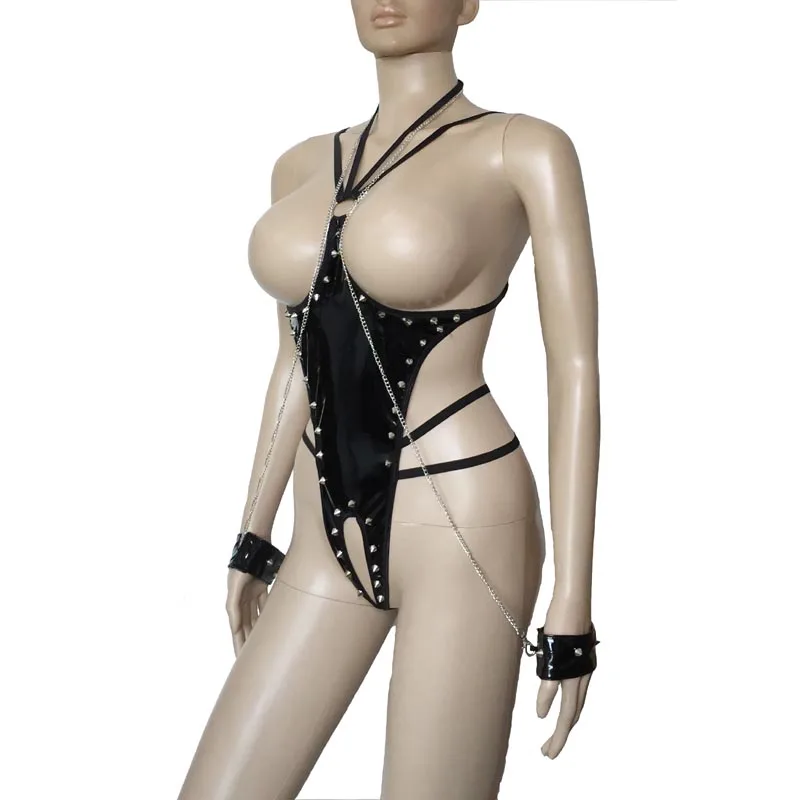 Women Sexy PU Leather Bodysuit Open Crotch Erotic Leotard Teddy Studded Body Harness Cupless Bodysuit with Chained Wrist Cuffs