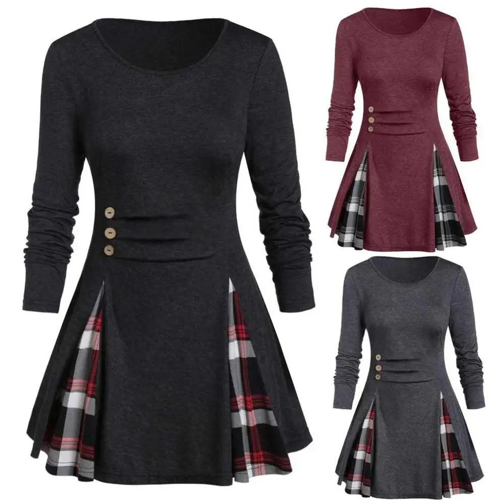 

Women Plus Size Tops Tunic Tee Buttoned Plaid Print Long Sleeve T Shirt Female Lattice Gothic Shirt Spring Autumn 2019