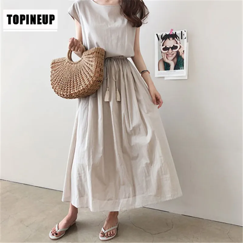 

Sleeveless Round-collar Two-Piece Set Dresses 2019 Fashion Hot Solid Color Plus Size Medium-Length Temperament