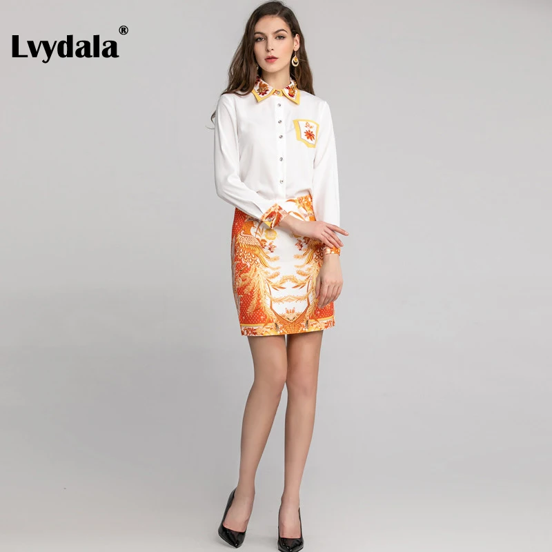 Lvydala, модный дизайнерский комплект, весна-лето, женская рубашка с длинным рукавом, украшенная кристаллами, Топы+ юбка с принтом, комплекты из двух предметов