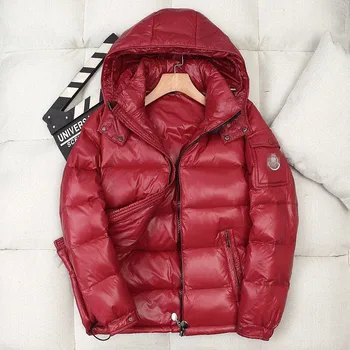 

New shiny down jacket men and women short hooded couple thick warm warm jacket white duck down handsome trend