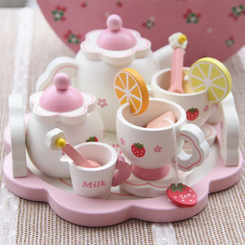 

Model Circle Tea Set Wooden Strawberry Afternoon Tea Cutting Children Early Childhood Educational Play House Kitchen Toy