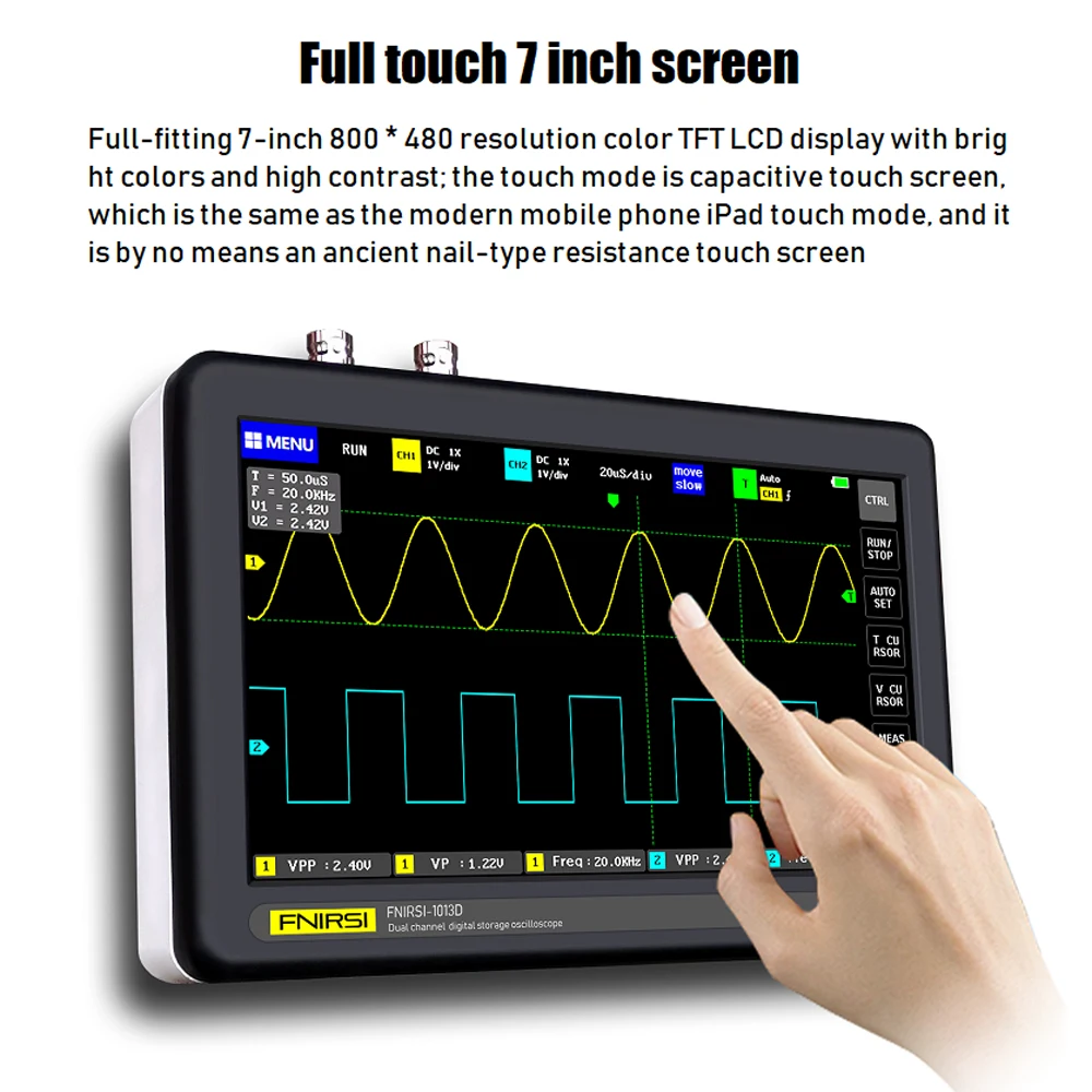 US $99.99 FNIRSI1013D Digital tablet oscilloscope dual channel 100M bandwidth 1GS sampling rate tablet digital oscilloscope osciloscopio