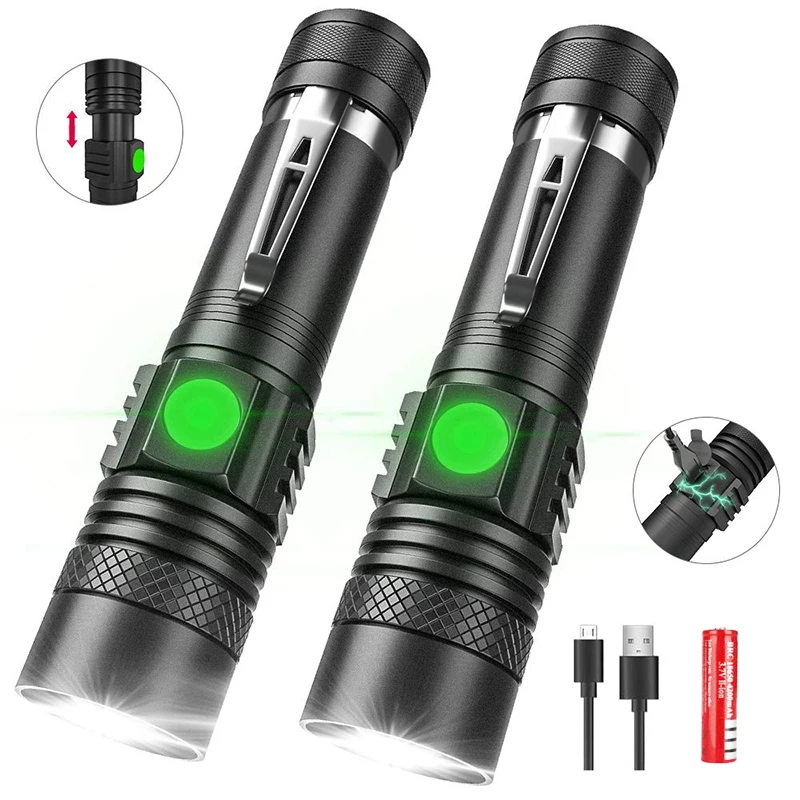 

LED Rechargeable Flashlight High Lumen Zoomable Waterproof Portable Aluminum Flash Light with 18650 Battery Clip for Camping
