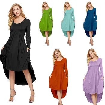 

OWLPRINCESS Autumn Crew Neck Long Sleeve Have Pocket Irregular Hem Dress WOMEN'S Dress