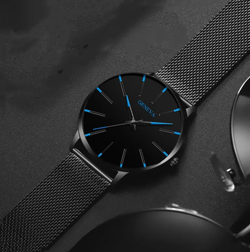 Креативные мужские часы с синим циферблатом, повседневные новые брендовые Модные кварцевые повседневные часы с сетчатым ремешком из нержавеющей стали, ультра тонкие деловые наручные часы