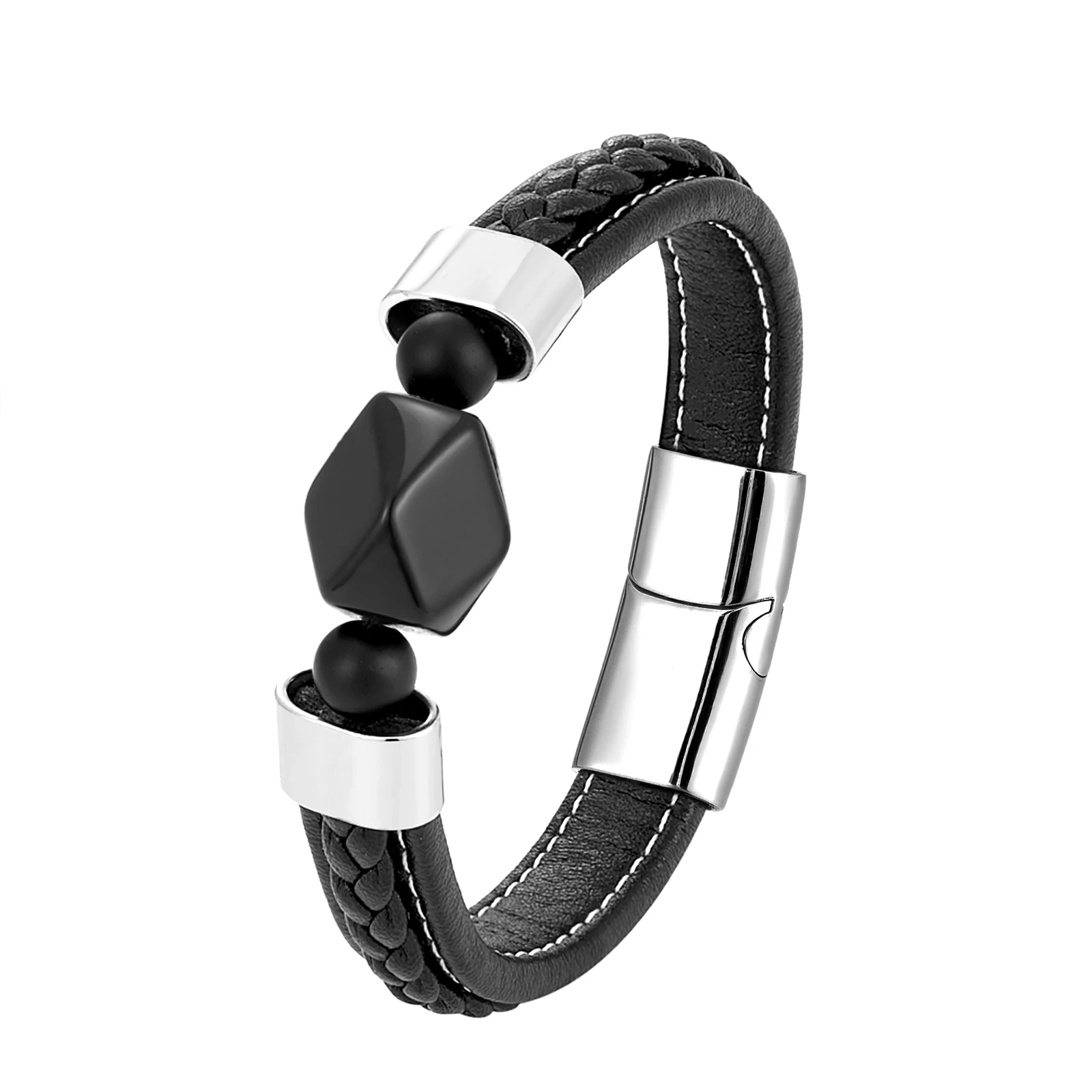 Vintage Jewelry Geometric Natural Black Onyx Men's 316L Stainless Steel Leather Rope Bracelet charm bracelet