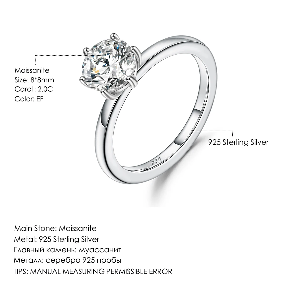 GEM'S балетные 925 пробы серебряные ювелирные изделия шесть зубцов 2.0Ct 8 мм EF цвет Муассанит солитер обручальные кольца для женщин