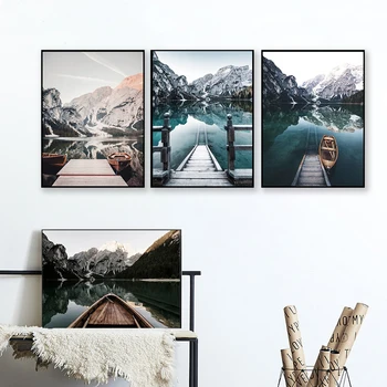 

Home Boat In Lake Wall Art Braies Canvas Painting Landscape Nordic lago di Posters And Prints Wall Pictures For Living Room
