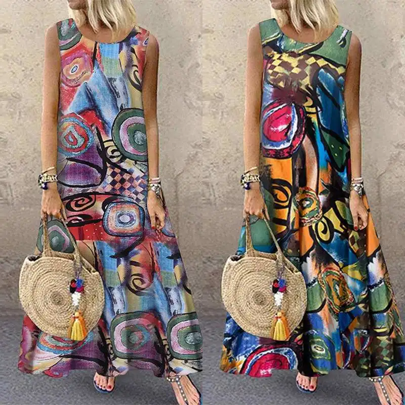 ZANZEA Women Bohemian Sleeveless Floral Printed Sundress Summer Dress Robe Vintage Kaftan Beach Vestido Femme Sarafans Plus Size