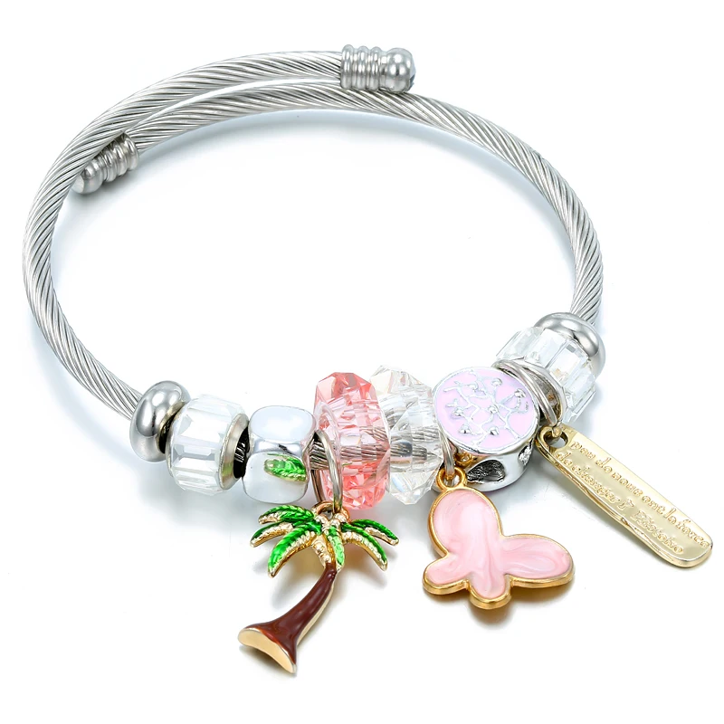 

Korea Stainless Steel Adjustable Pink Butterfly Charms Bracelet Bangle for Women Retro Crystal Diamante Beaded Charm Jewelry