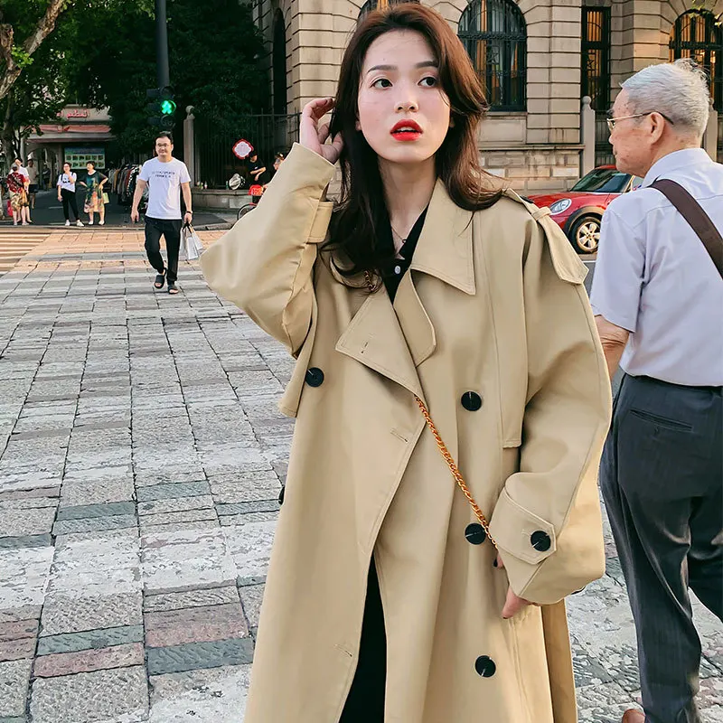 

Fashion Elegant Solid Color Simple Loose-Fit Cool Long Trench Coat Autumn 2019
