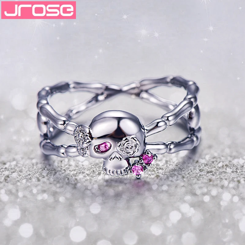 JROSE New Popular Gun Black Cross Skull Rose Flower Silver Rings for Women Gothic Engagement Wedding Party Ring Punk Jewelry