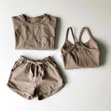 Летняя коллекция года, детская одежда в Корейском стиле Комплект из трех предметов для мальчиков и девочек, разноцветные хлопковые шорты с тонкими лямками