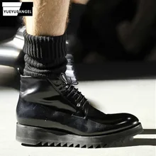 Итальянские дизайнерские мужские Противоскользящие зимние ботинки на платформе ботинки со шнуровкой из натуральной кожи Байкерский носок обувь для подиума на среднем каблуке Мужская обувь