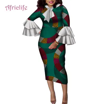 

2019 Summer African Dresses for Women Africa Bazin Riche Print Spliced Bodycon Office Lady Elegant Mid-Calf Length Dress WY4304