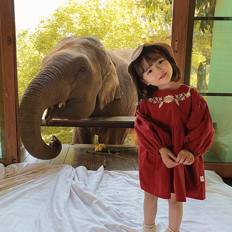 

2020 spring new baby girls temperament red water washing cotton apricot embroidery dress