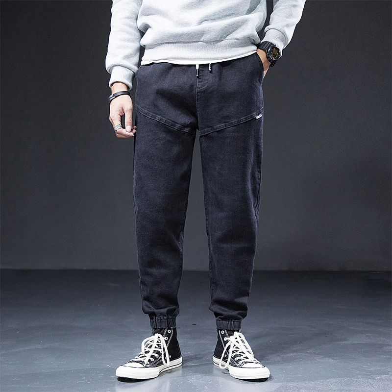 

Japanese Vintage Fashion Men Jeans Loose Fit Black Spliced Designer Denim Cargo Pants Streetwear Hip Hop Jeans Men Harem Pants