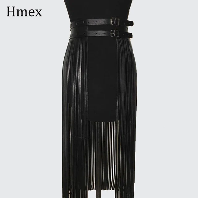 2020 New Belts For Women PU Leather Short Long Tassel Skirt Club Party Slim Fringe Female Skirt Black Decorative Summer Dress Black 1