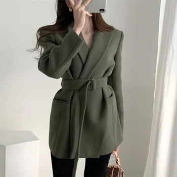 

Mazefeng New 2020 Spring Winter Women's Blazers Woolen Pockets Female Formal Jackets Outerwear Lace Up Office Lady Wild Tops