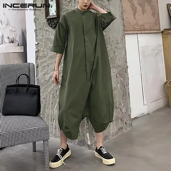 

INCERUN Fashion Men Jumpsuits Loose Solid Half Sleeve 2020 Streetwear Joggers Button Overalls Casual Drop-crotch Pants Men S-5XL
