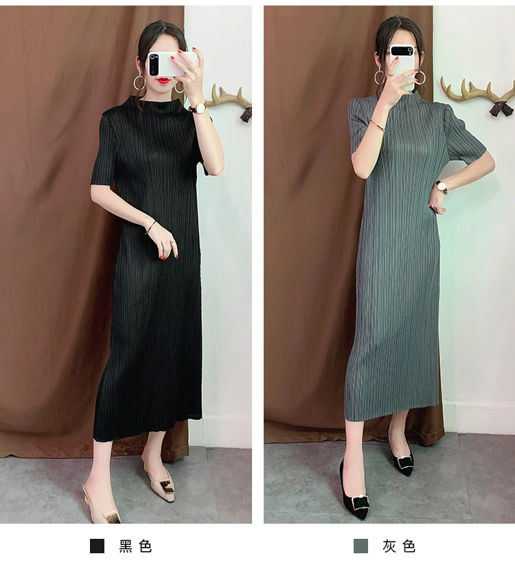 Miyake/плиссированное платье в японском стиле, прямые тонкие платья с коротким рукавом простой однотонный воротник-стойка, платье до середины икры для женщин, большие размеры