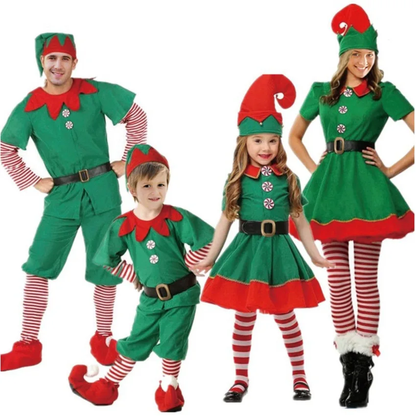 Женские и мужские для мальчиков и девочек на Рождество, Санта Клаус костюмы на год для взрослых Семья матч изумрудно-зеленым, бело-серые Костюмы для косплея карнавальные принадлежности для вечеринок