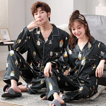 

Men Pajamas Set Solid Satin Summer Long Sleeve Autumn Homewear Silk Men Sleepwear Suit Casual Dormir Top Pyjamas Male Sleep Tops