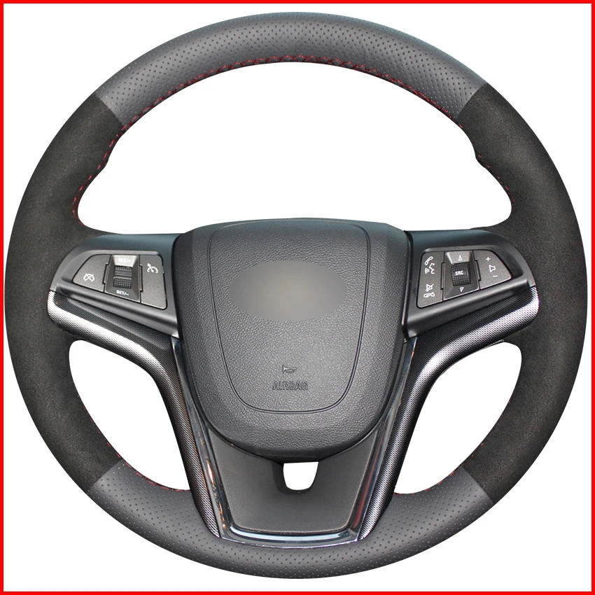 Mewant Black Genuine Leather Black Suede Car Steering Wheel Cover For