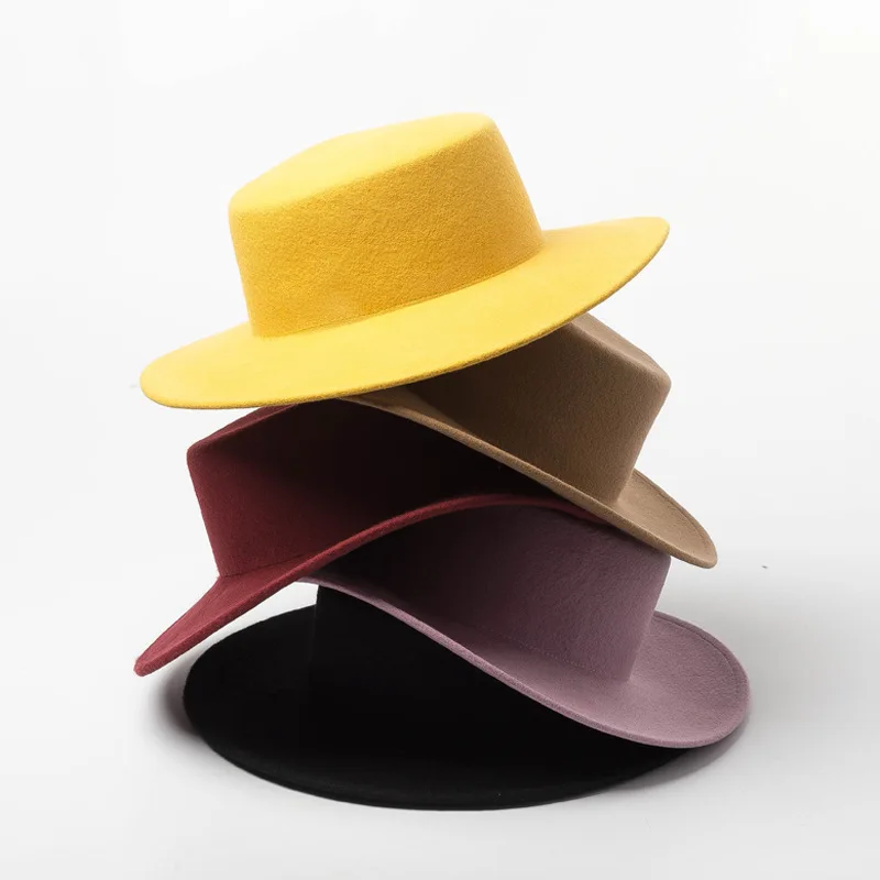 Высококачественные круглые плоские верхние шерстяные шляпы Fedora для женщин дамы широкие полями сплошной цвет вечерние шляпка для официальных мероприятий войлока Gambler cap