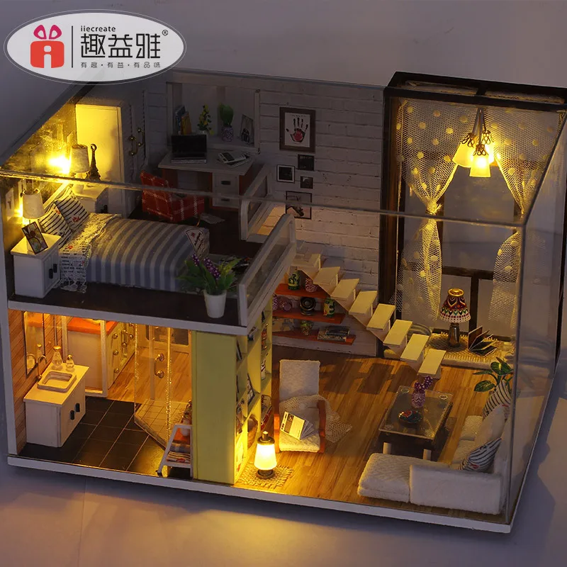 K-028 город 3D DIY Лофт дом миниатюрный деревянный кукольный дом Комплект мебели лампа кровать Zabawki Dla Dzieci игрушки для детей