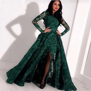 

Eightree Green Mermaid Long Sleeves Formal Prom Dresses Split Full Lace Arabic Evening Gown Detachable Train A Line Party Dress
