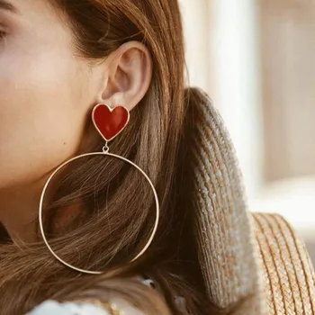 

2020 New Exaggerated Red Heart Shape Earrings for Women Creative Big Circle Dangle Earrings Female Jewelry Accessories