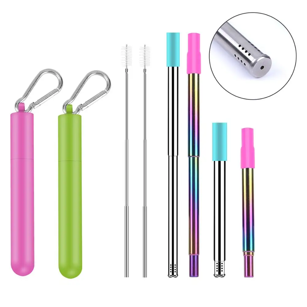 

2 Pack Telescopic Reusable Straws Metal Stainless Steel with Filter Hole Telescopic Cleaning Brush, Silicone Tips