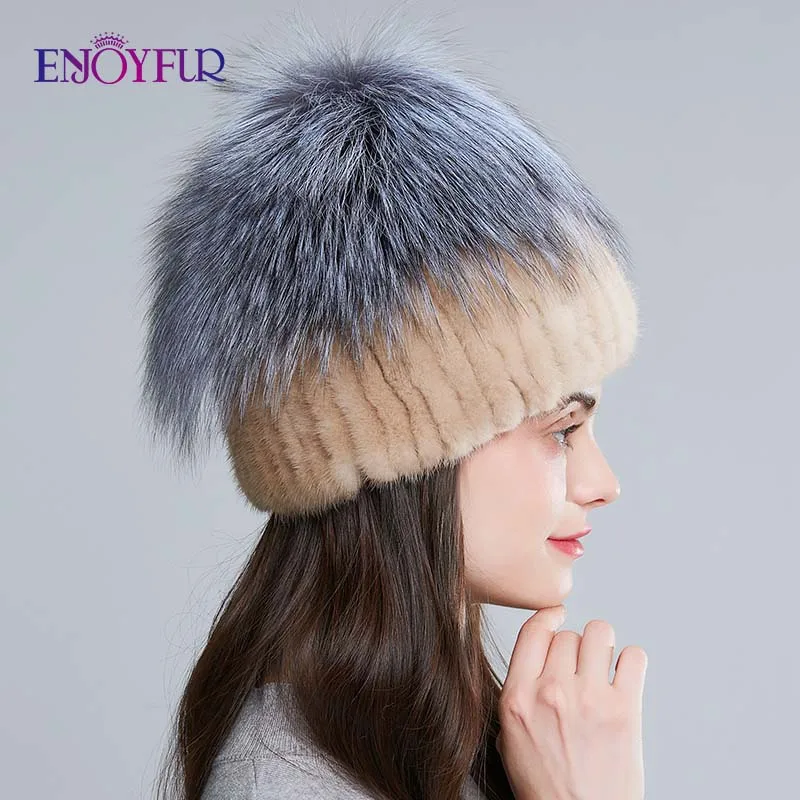 ENJOYFUR, теплые зимние меховые шапки для женщин, натуральный мех норки, вязаные шапки, женские шапочки, плетение с лисьим мехом