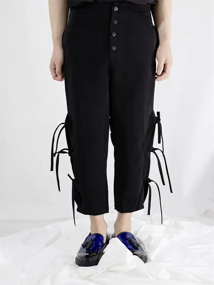 

Men's New Black Cargo Pants with Elastic Pocket Buckles High Waist Street-style Casual Wide Leg Pants for Men and Women