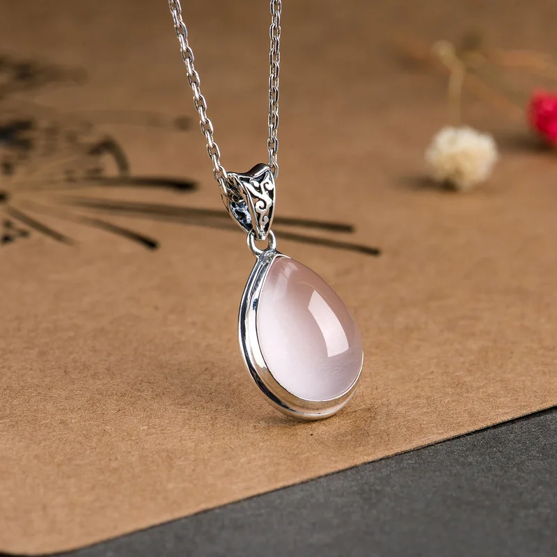 

stone powder crystal pendant simple fashion Thai silver water drop women's necklace S925 silver jewelry clavicle chain