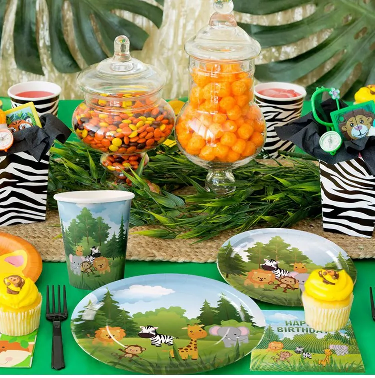 QIFU одноразовая посуда в виде животных, украшения для дня рождения, Детская одноразовая Салфетка под тарелку кружку, вечерние принадлежности в стиле джунглей, детский душ