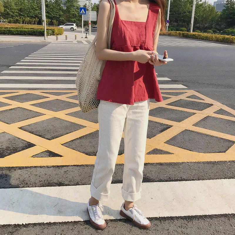 Майки Camis с квадратным воротником Новые милые красивые оборки Спагетти ремень модный бренд корейский стиль Летняя женская одежда Топы modis