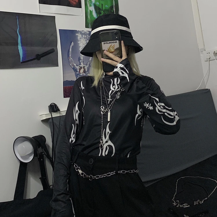 Женский облегающий топ с длинными рукавами Повседневная рубашка принтом темных