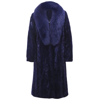 

mink fur coat fox fur collar royalblue women fur coat Fashion genuine fur coat enlarged size women fur coat Long coat wholes