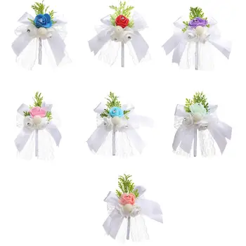 

Wedding Boutonniere Artifical Foam Rose Flower with Ribbon Bow Brooch Lapel Pin