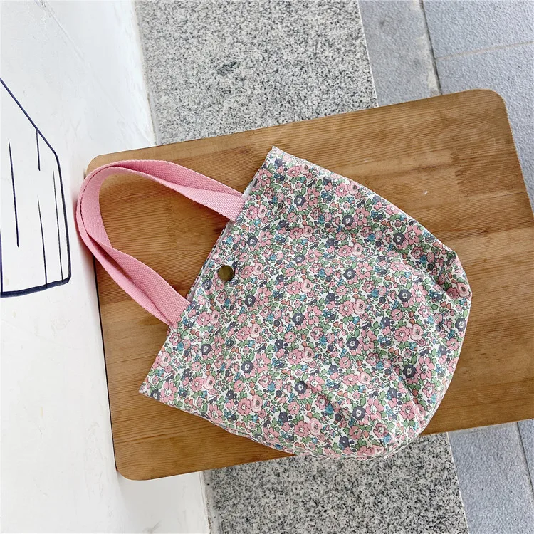 Casual Women Portable Lunch Bento Bag Retro Flower Ladies Small Handbags Cotton Cloth Female Shopper Clutch Purse Shoulder Bags