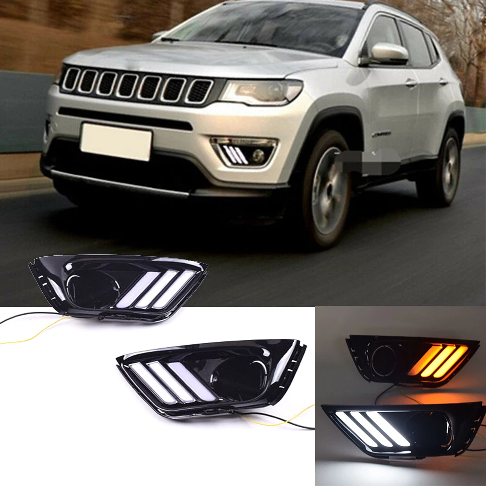 

Fit For Jeep Compass 2017 2018 2019 Front LED DRL Daytime Running Light White Fog Lights Assembly w/ Amber Turn Signal Lamp