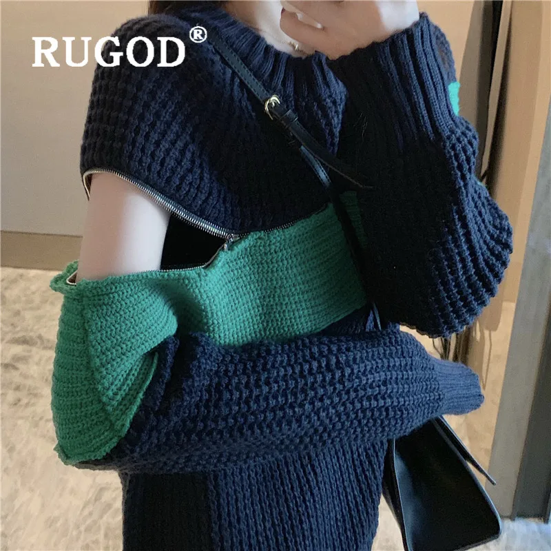 Вязаный свитер RUGOD, пуловер на молнии с рукавом, джемпер, Зимние Топы для женщин, корейский стиль, женские свитера, трикотаж, специальный дизайн