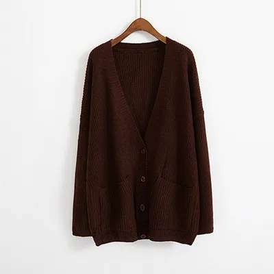 dark brown Женский Осенний однотонный кардиган, свитер в Корейском стиле Харадзюку С v-образным вырезом, однобортный Свободный Вязаный топ, Женская шикарная одежда с рукавами «летучая мышь» - Цвет: dark brown